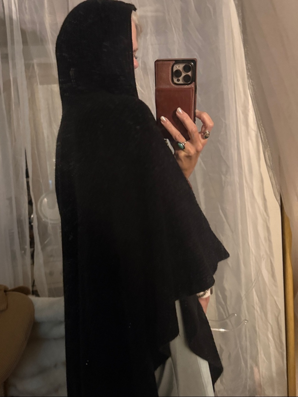 Black Hooded knit Cape Poncho - Cozy Draped Layer with bottom fringe